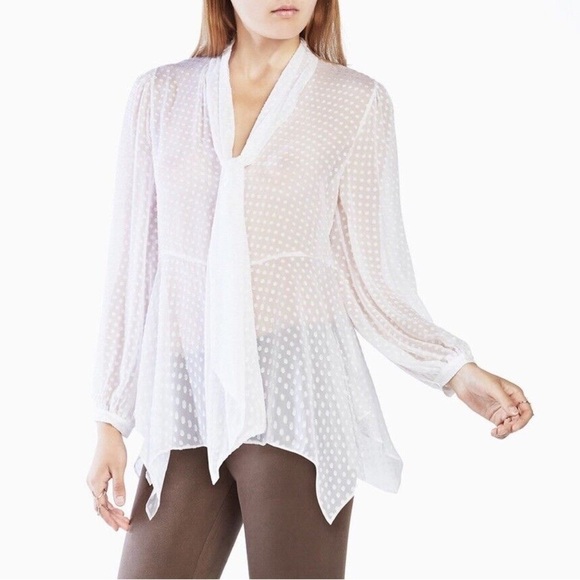 BCBGMaxAzria Tops - NWT BCBGMaxAzria Sheer Kelleigh Tie Neck Blouse, Size XS